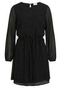 Robe noire avec de longues manches transparentes, encolure ronde et taille cintrée. Le tissu est lisse avec une silhouette légèrement fluide.