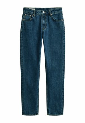 Dark blue straight-leg denim jeans with front pockets, belt loops, and a button closure.