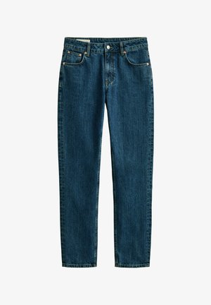 Donkerblauwe denim jeans met rechte pijpen, voorzakken, riemlussen en een knoopsluiting.