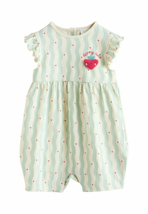 Zelený a krémový pruhovaný overal s volánkovými rukávy, ozdobený malými růžovými srdíčky a červeným vyšívaným motivem jahody s nápisem "berry cute".