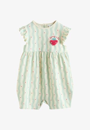Pruhovaný overal v zelenej a krémovej farbe s volánikovými rukávmi, zdobený malými ružovými srdiečkami a červeným vyšívaným motívom jahody s textom "berry cute".
