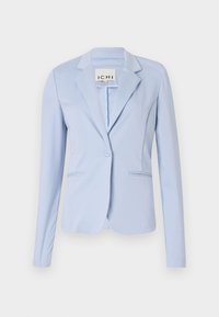 Ljusblå blazer i slätt tyg, med enkel knappstängning, snedskurna slag och två framfickor. Anpassad passform med långa ärmar.