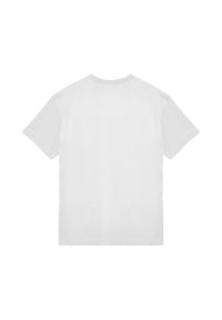 Bílý bavlněný tričko, krátké rukávy, s výstřihem do kruhu, hladká textura, bez viditelných log a vzorů, zobrazený pohled zezadu.