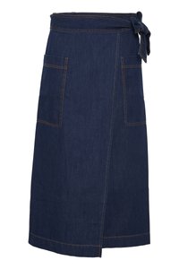 Denim prega u tamnoplavoj boji s vezicom u struku, s dva bočna džepa, vidljivim šavovima i ravnim krojem.