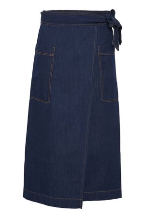 Fustă din denim de culoare albastră închisă, cu talie legată, două buzunare laterale, accente de cusătură vizibile și un design drept.