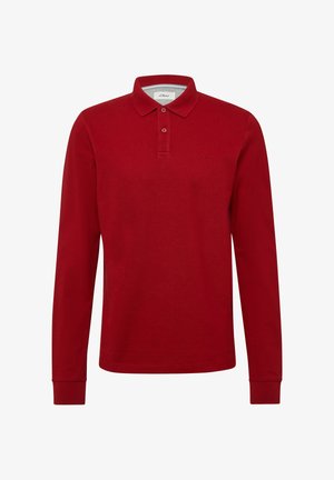Red long-sleeve polo shirt, made of soft cotton, featuring a collared neckline, three-button placket, and a small logo on the chest.