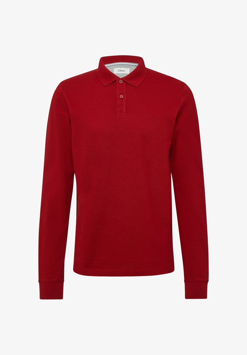 Rode polo met lange mouwen, gemaakt van zachte katoen, met een kraag, een knoopsluiting met drie knopen en een klein logo op de borst.