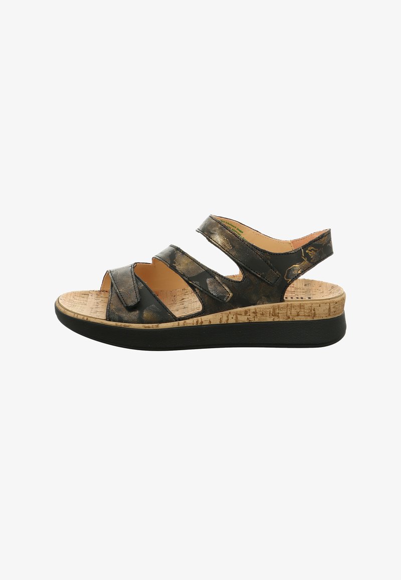 Black open-toe sandal with three adjustable straps, cork-textured insole, and a black cushioned sole.