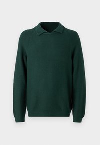 Grüner gestrickter Pullover mit einem gerippten Kragen, langen Raglanärmel und einer strukturierten Oberfläche. Schlichtes Design ohne Muster oder Verzierungen.