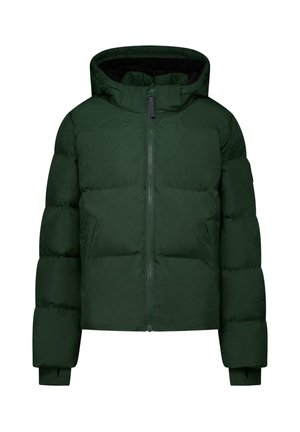 Veste d'hiver matelassée vert foncé avec capuche, fermeture éclair centrale et manches longues avec poignets côtelés comportant des trous pour les pouces.