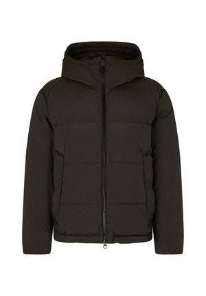 Giacca a vento in un verde scuro con cappuccio. Presenta una chiusura con zip, un motivo a trapuntatura e polsini elasticizzati. Realizzata in materiale leggero e isolante.
