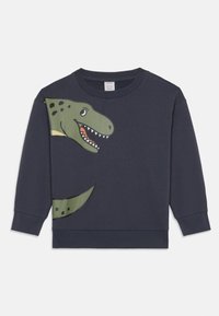 Sweatshirt bleu marine avec un graphique de dinosaure vert sur le devant. Manches longues et poignets côtelés. Matière douce en mélange de coton.