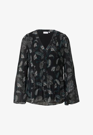 Czarna plisowana bluzka z dekoltem w serek, kwiatowy wzór w białe i turkusowe kolory, zapinana na guziki z przodu, z rozkloszowanymi rękawami; wykonana z lekkiego, prześwitującego materiału.