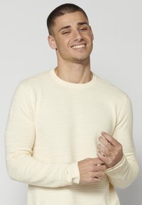 Langärmliger, cremefarbener Pullover mit strukturierten horizontalen Streifen, rundem Ausschnitt und engen Bündchen. Weicher Stoff mit bequemem Sitz.