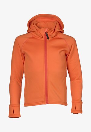 Orange hættejakke med fuld lynlås, flade syninger og tommelhuller i ærmerne. Lavet af blødt, fleksibelt stof med en glat tekstur.
