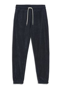 Pantalon de survêtement en tissu éponge bleu marine foncé avec taille élastique, cordon blanc, poches latérales et poignets élastiques.