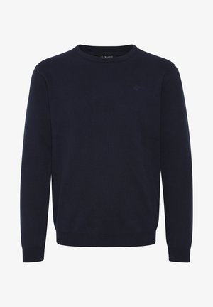 Navy blue crewneck sweater made from textured knit fabric, featuring ribbed cuffs and hem, with a discreet logo on the chest.