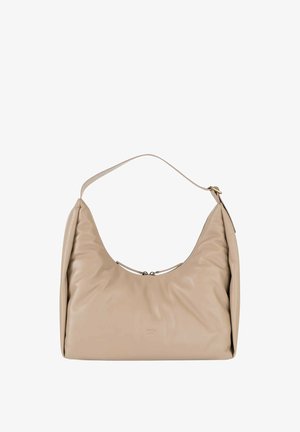 Beige weiche Leder-Schultertasche mit einem einzelnen Riemen und Reißverschluss, minimalistisches Design mit leichter Raffung an den Seiten.