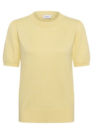 Haut en maille jaune clair à manches courtes avec encolure ronde et manches légèrement bouffantes, poignets et ourlet côtelés.