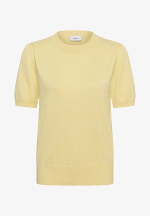 Haut en maille jaune clair à manches courtes avec encolure ronde et manches légèrement bouffantes, poignets et ourlet côtelés.