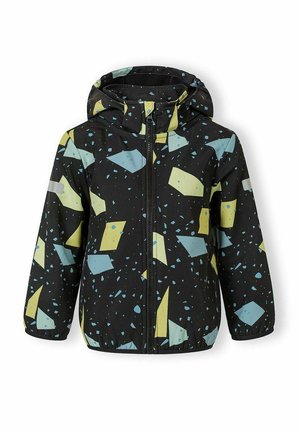 Veste noire pour enfants avec capuche, fermeture éclair à l'avant et motif géométrique jaune et bleu.
