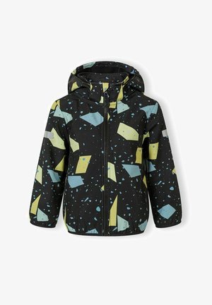 Giacca nera per bambini con cappuccio, zip frontale e motivo a forme geometriche gialle e blu.