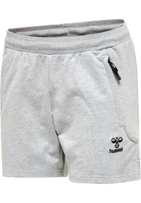 Graue Baumwollshorts mit elastischem Bund, seitlichem Reißverschlussfach und schwarzem Logo am linken Bein. Kurze Länge und lässiges Design.
