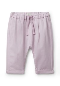 Lavendel katoenen broek met een elastische tailleband, trekkoord, plooien en opgerolde hems, ontworpen voor comfort en gemakkelijk dragen.