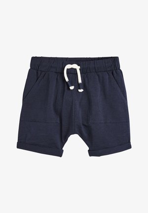 Tamsiai mėlyni šortai, pagaminti iš minkštos medžiagos, su elastingu juosmeniu ir raišteliu, dviem priekinių kišenių ir su susuktais kraštais.