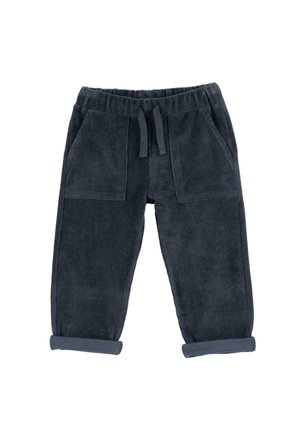 Pantalon en velours côtelé gris foncé pour tout-petits avec ceinture élastique, cordon de serrage à l'avant, poches plaquées et revers roulés.