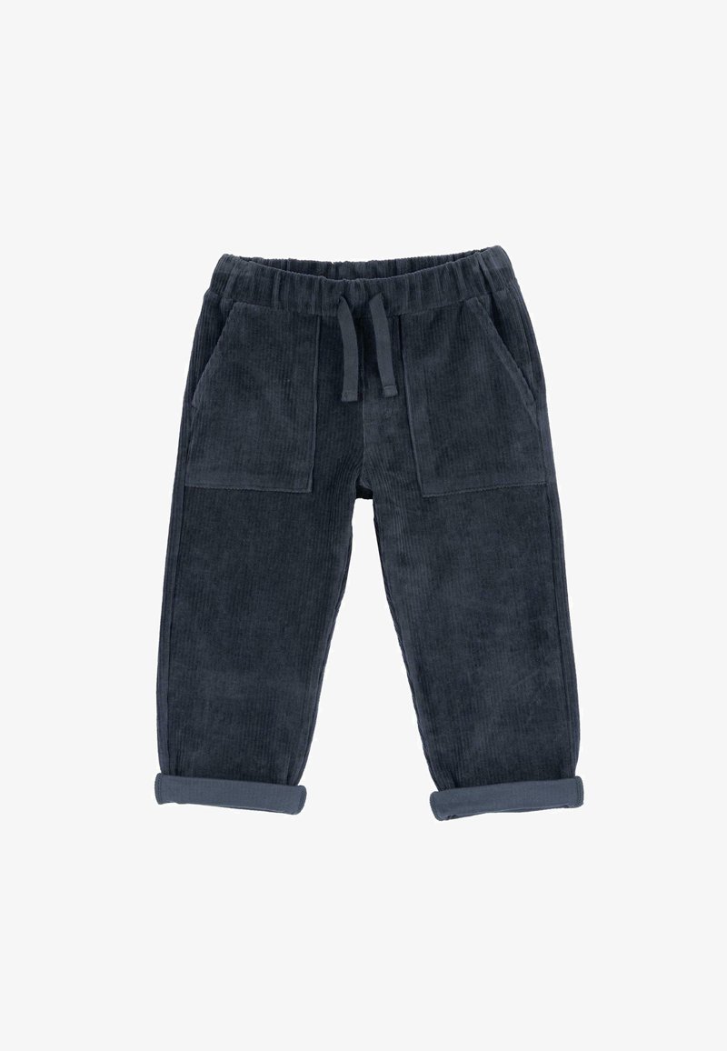 Pantalon en velours côtelé gris foncé pour tout-petits avec ceinture élastique, cordon de serrage à l'avant, poches plaquées et revers roulés.