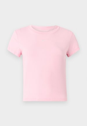 Pink cotton T-shirt with short sleeves, round neckline, and a small white logo on the chest. Smooth texture, standard fit, minimalist design.