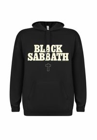Zwarte hoodie met een voorzak, voorzien van grote witte tekst "BLACK SABBATH" en een klein kruis. Gemaakt van katoenmix, ontspannen pasvorm.
