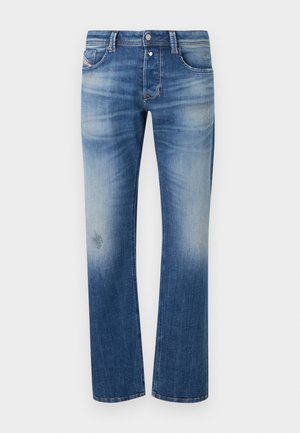 Blaue Jeans aus Denim mit ausgebleichten und abgetragenen Stellen, geradem Bein, vorderem Knopf- und Reißverschluss sowie klassischem Fünf-Taschen-Design.