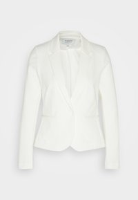 Blazer blanc cintré à manches longues, revers crantés, fermeture devant par bouton et deux petites poches avant, présenté sur fond uni.