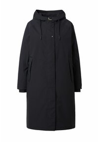 Černá parka s kapucí, se zapínáním na přední knoflíky, bočními kapsami a nastavovacími šňůrkami na kapuci a manžetách.