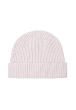 Bonnet en tricot côtelé rose clair avec un revers. Texture douce avec un dessus arrondi sans couture et un motif vertical. Convient pour les temps froids.