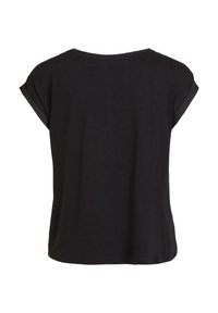 T-shirt noir à manches courtes avec une coupe décontractée, texture lisse, encolure ronde et ourlets de manches roulés. Vue de dos. Sans motifs ni accents.