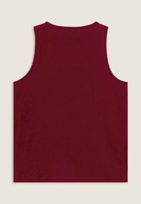 Top senza maniche color bordeaux con scollatura arrotondata, realizzato in un tessuto liscio, caratterizzato da bordi puliti e senza motivi o accenti visibili.