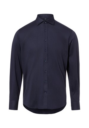 Donker marineblauw herenoverhemd met lange mouwen, klassieke kraag en afgeronde zoom.