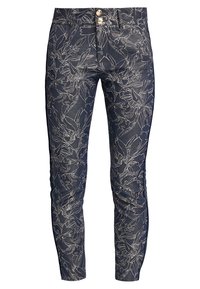 Tummansiniset istuvat farkut, joissa on valkoinen kukkakuosi, nappikiinnitys, viisi taskua ja hieman kiiltävä pinta.