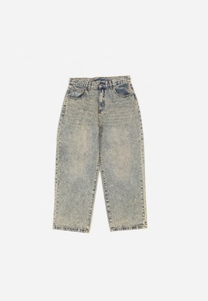 Light blue denim high-waisted jeans with a relaxed fit, two front pockets, and subtle fading. Features a button closure and belt loops.