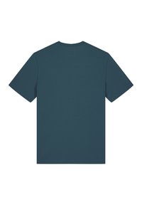 Donkerblauwgroene t-shirt met korte mouwen en een ronde hals. Zachte textuur, basisontwerp en geen zichtbare patronen of hardwaredetails.