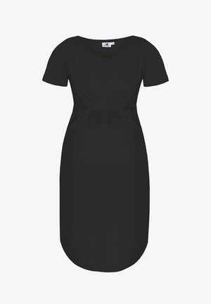 Sort graviditetskjole med korte ærmer, v-hals, sammensnørret talje og afrundet kant. Lavet af blødt, strækbart stof for komfort.