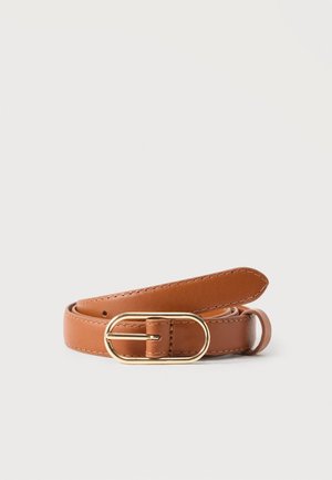 Tan leather belt coiled with a gold oval buckle on a plain light background.