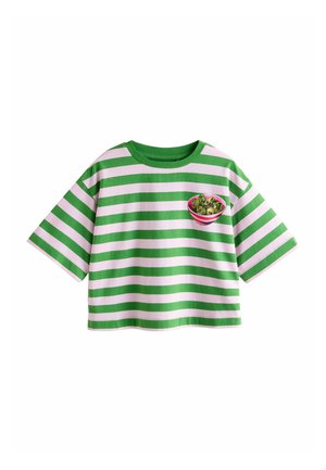 Green and pink striped short-sleeve shirt with a printed patch of a pink bowl filled with green round fruit on the left chest.