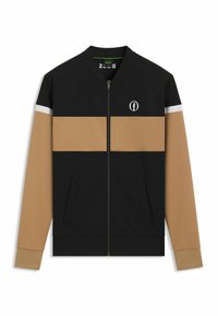 Black and tan zip-up jacket with a grid pattern, white accent stripe, ribbed cuffs, and logo detail on the chest. Contains side pockets.