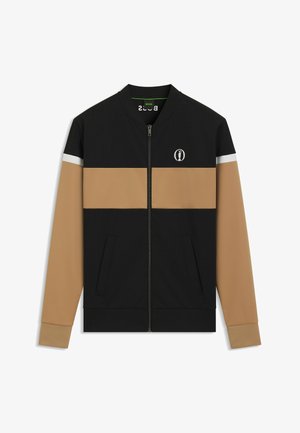 Zwart en tan ritsjack met een ruitpatroon, witte accentstreep, ribgebreide manchetten en logodetail op de borst. Bevat zijzakken.