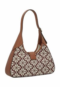 Borsa a spalla in pelle marrone con un pannello in tessuto rosso texture che presenta un motivo di fiori bianchi. Forma curva e una sola tracolla regolabile.
