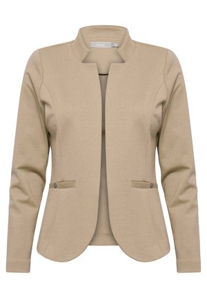 Beige Blazer mit einem runden Kragen, langen Ärmeln und einer taillierten Form. Verfügt über zwei vordere Taschen mit Knopfakzenten. Glatte Stofftextur.